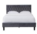 Velvet Fabric Dark Grey Upholstered Bed Frame Queen Size With Buttons On