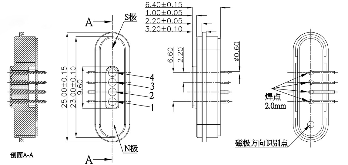 2.2mm Pitch Magnetic 4 Pin Connector 600G Right Angle Pogo Pin Connector