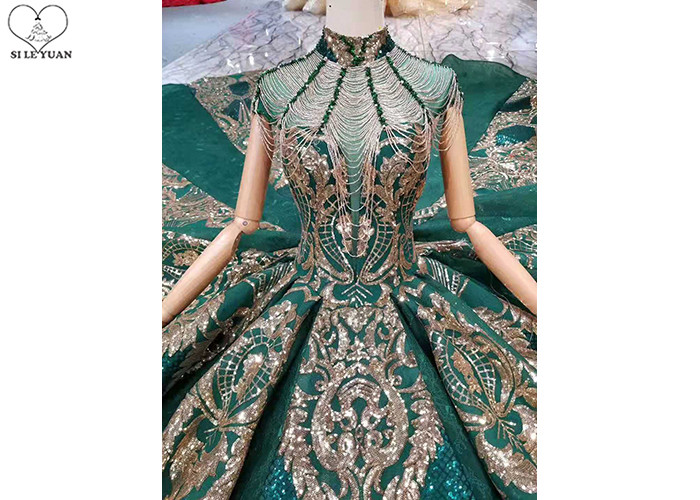 Sequin Green Tailor Made Prom Dresses High Collar Short Sleeve Backless Tassels
