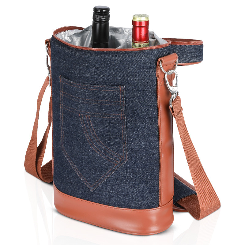 Denim Insulated Wine Cooler Bags Cheese Tote 2 Bottle Picnic 8.5x3.8x14"