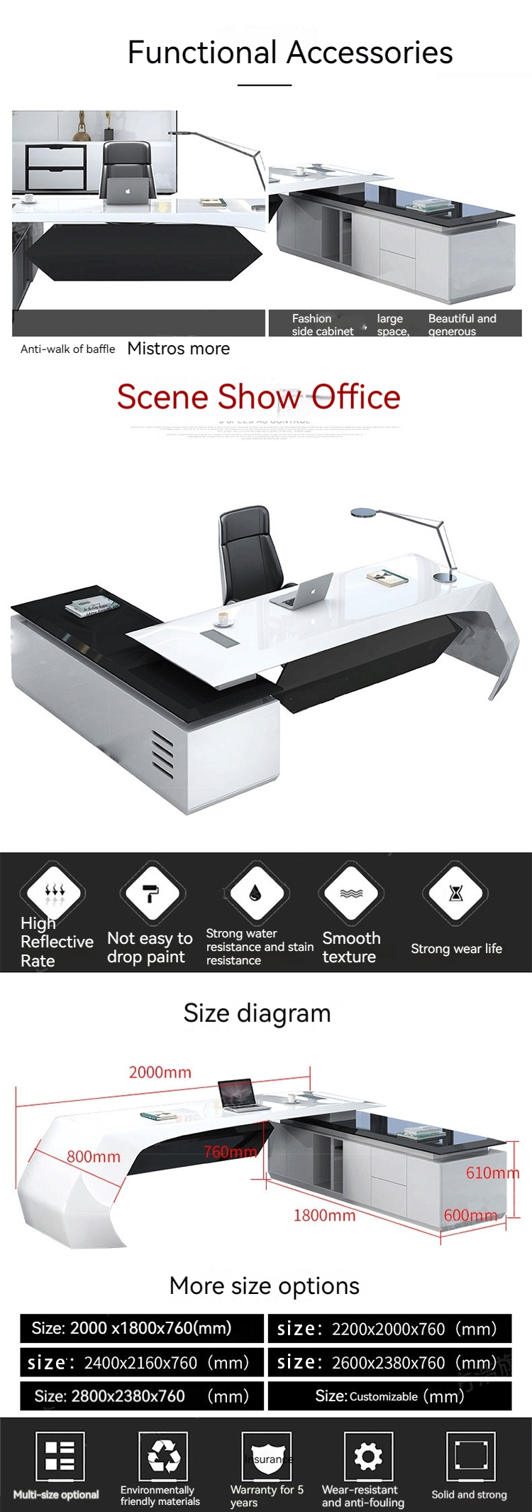 Customizable Lacquer Large Desk Perfect for Managers and Supervisors in the Office