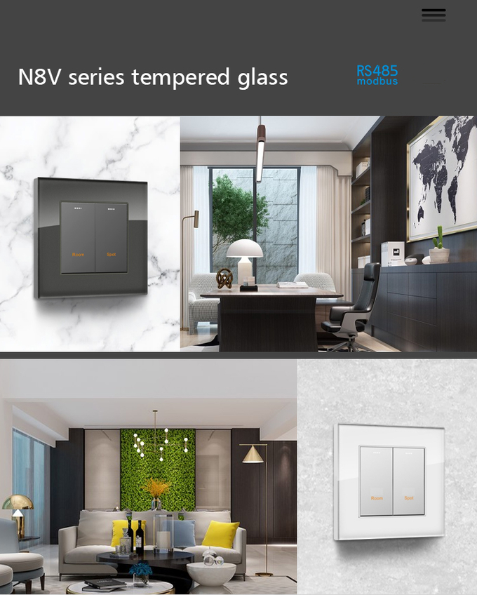 Impact Resistant Tempered Glass Light Switch RS485 Protocol 12V DC