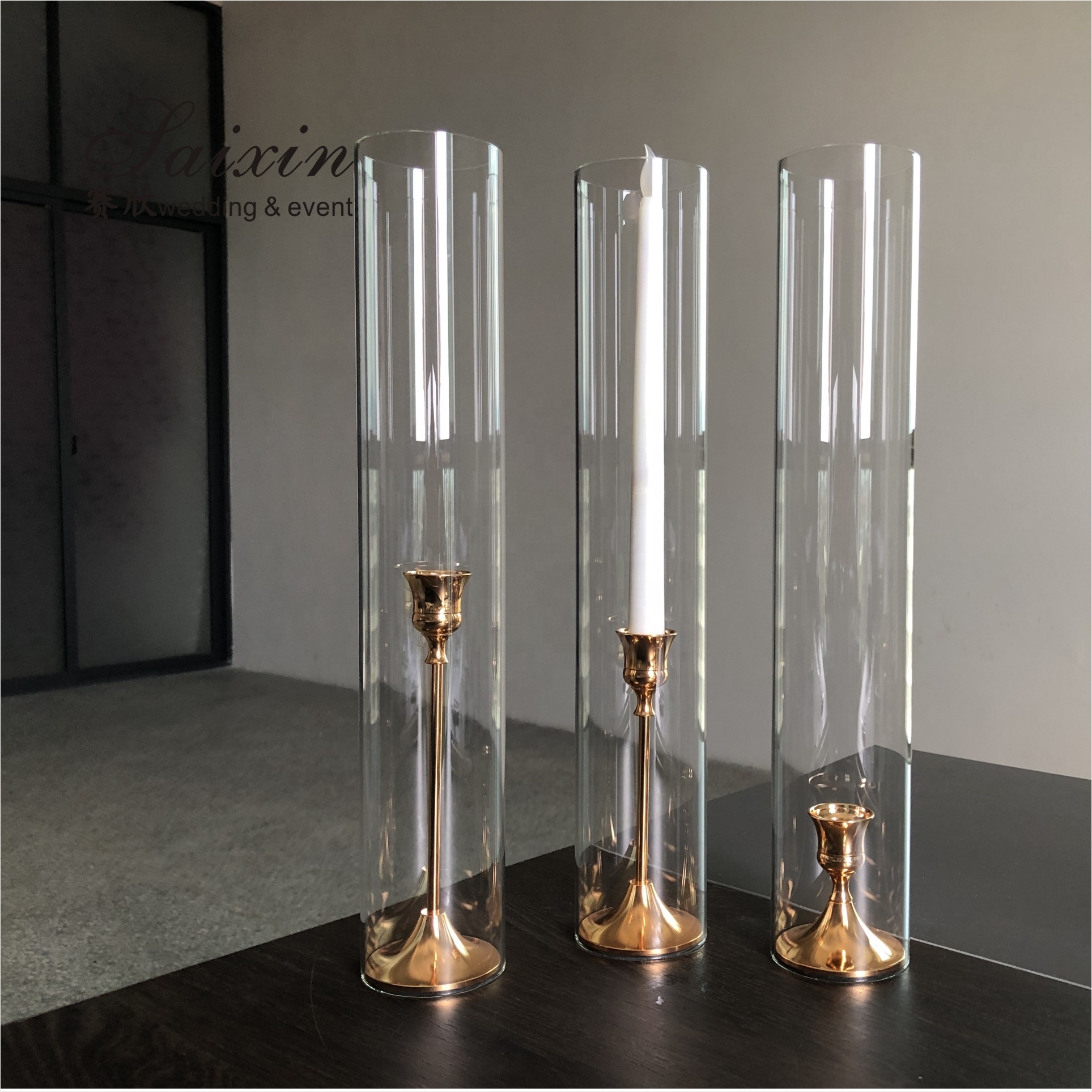 Golden Brass Taper Wedding Candle Holders Centerpiece Pillar 2 Pcs Set