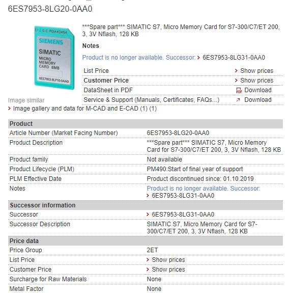 6ES7953-8LG20-0AA0 6ES7 953-8LG20-0AA0 Siemens Memory Card