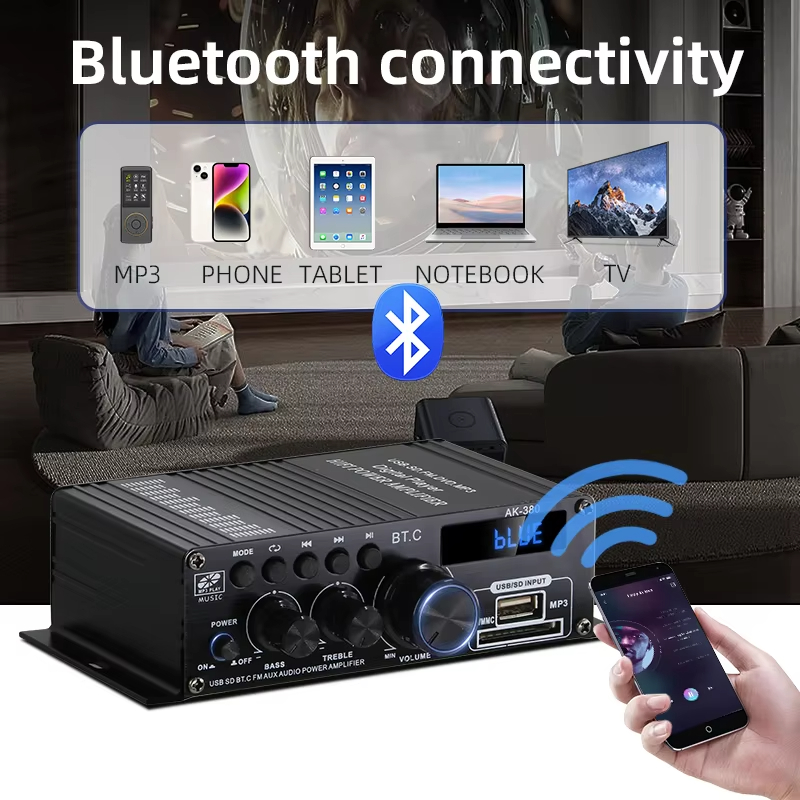 AK-380 5.0 Amplifier 2.0 Channel Car Home Theater Amplifier Mini HIFI Digital Audio Amplifiers Stereo USB OTG Input