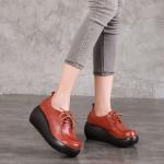 S055 Retro round toe women's shoes, first layer leather lace-up, thick-soled