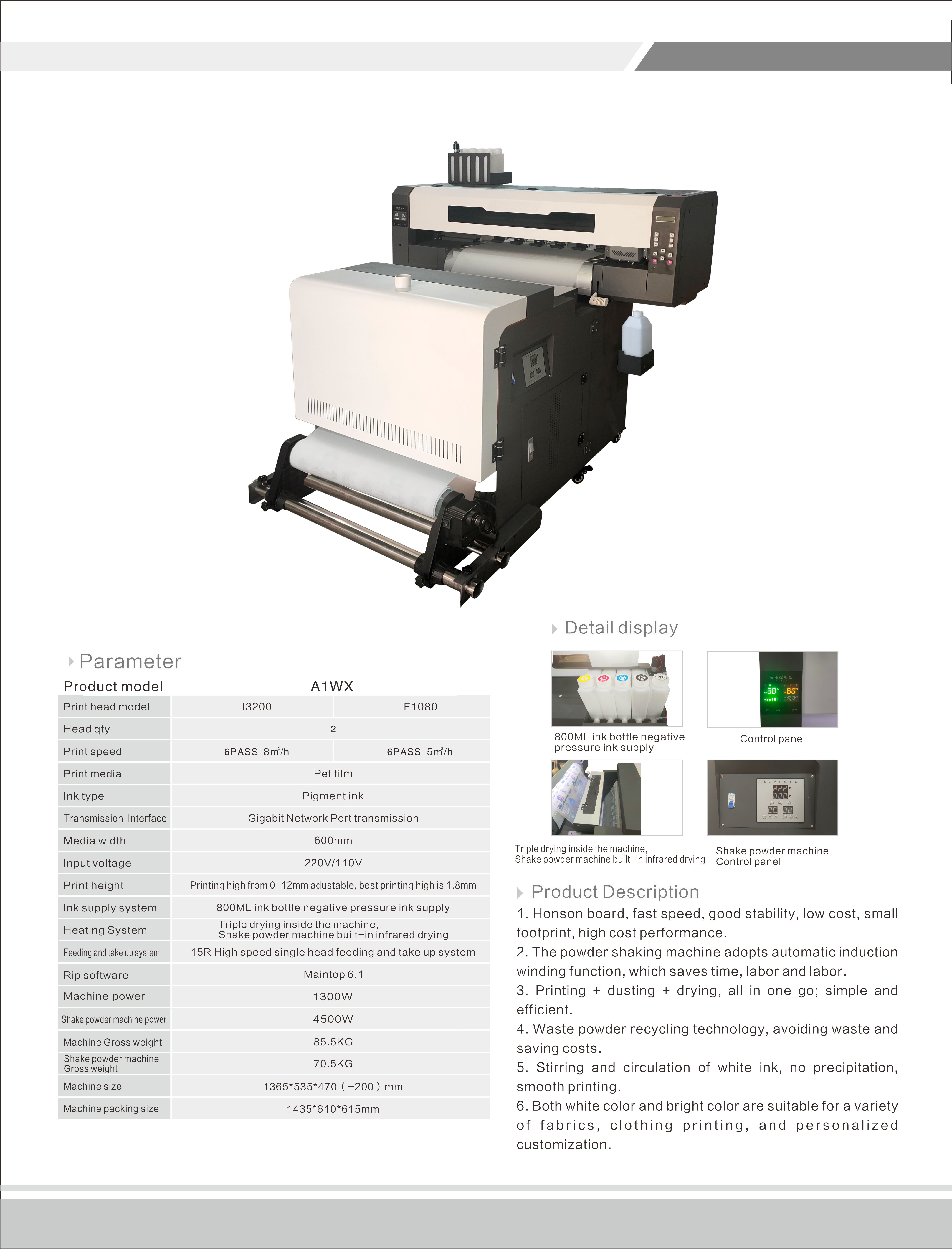 2024 DTF Printer 2 Heads i3200 A1 Size CMYKW Ink and Powder Shaker CE/UKCA/ROHS Certified