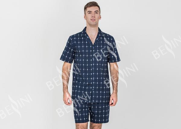 Navy Blue Mens Luxury Sleepwear Button Through Shirt And Short Pants Eco