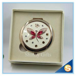 China Shinny Gifts Butterfly Design Rhinestone Pocket Mirror Metal Handbag Mirror factory