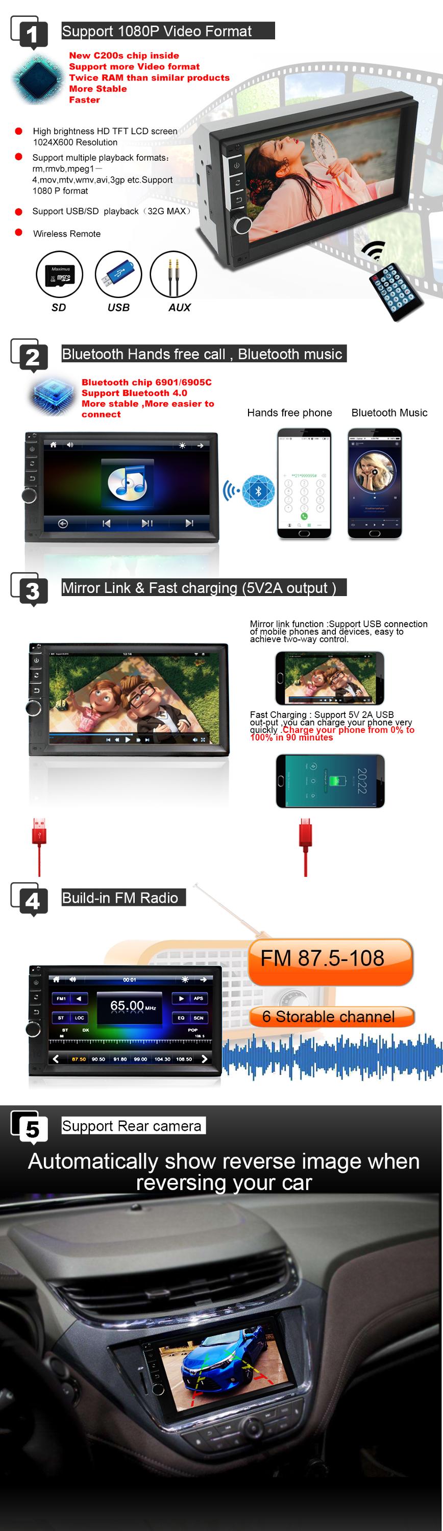 Wholesale Universal 7 Inch 2 Din Touch Screen Bluetooth Car Stereo