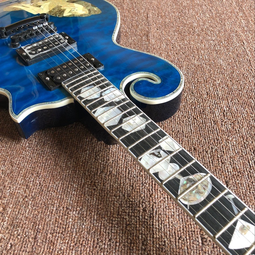 New handwork 6 Strings Rosewood fingerboard Electric Guitar with blue color flame top guitar and black hardware