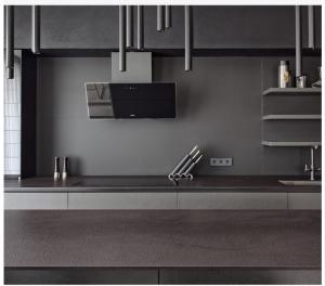 China Young Man Style Black Color Kitchen Cabinets Built In Handle Quartz Stone Countertop factory