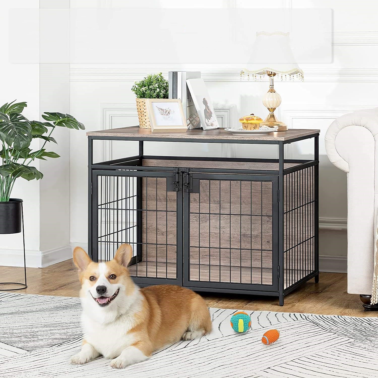 Breathable Wood Pet Furniture Wooden Dog Crate Side Table With 3 Doors