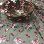 Embroidered Floral Lace Fabric Netting Cloth With Multi Colored Flower Pattern