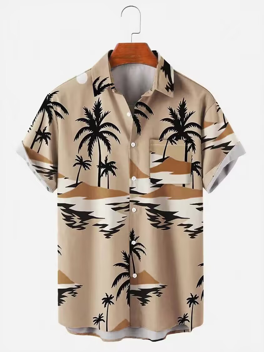Custom Printed Hawaiian Camp Shirt for Men Allover Logo Design Covered Button Closure
