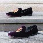 Various Occasions Mens Brown Leather Loafer Shoes , Crown Embroidered Velvet