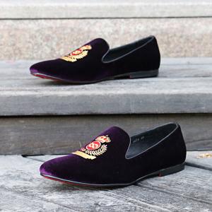 China Various Occasions Mens Brown Leather Loafer Shoes , Crown Embroidered Velvet Slipper factory