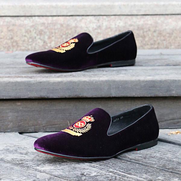 Various Occasions Mens Brown Leather Loafer Shoes , Crown Embroidered Velvet