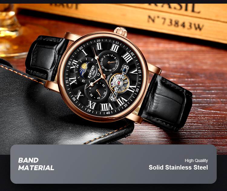 KINYUED wristwatches automatic men moon phase luminous tourbillon skeleton mechanical watch