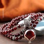 5mm Round Genuine Garnet Beads Bracelet with 925 Silver Marcasite Garnet Charm