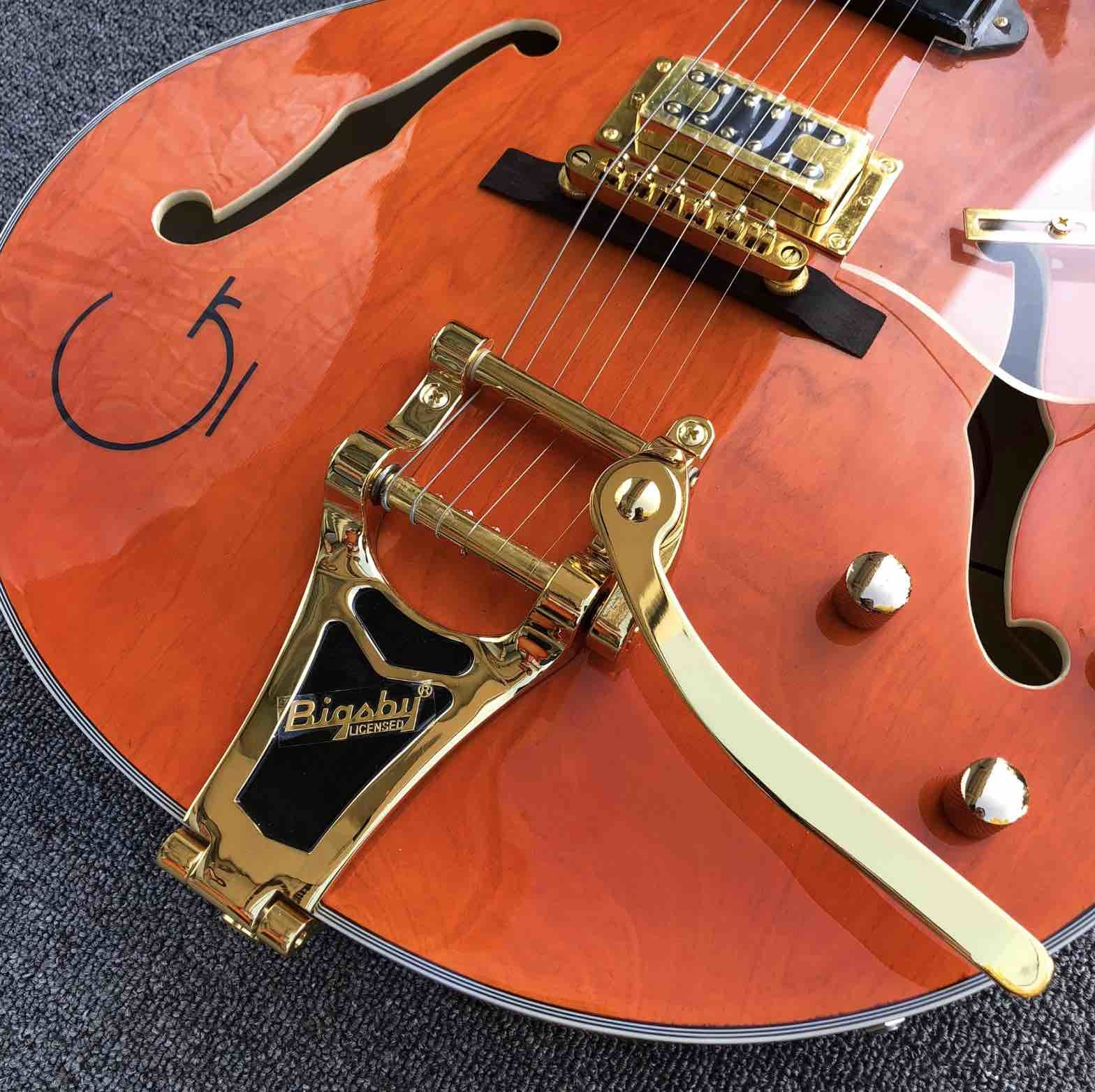 Top quality G Orange Electric Jazz guitar,Gold Bigsby bridge,Factory Hollow Body Electric Guitar