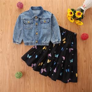 China Children'S Outfit Sets Girls Long Sleeve Denim Jacket Butterfly Print Skirt Suit factory
