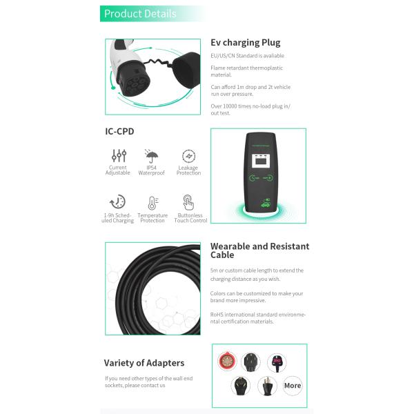 Model 2 Portable EV Charger Type2 16A/3 Phase 11KW Europe Standard
