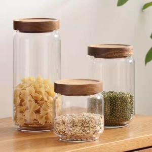 China 900ml Wood Cover Borosilicate Wide Mouth Glass Jars factory