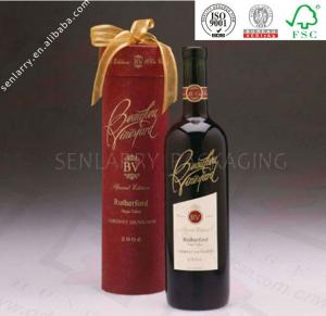 China new design cylinder red wine box with ribbon factory