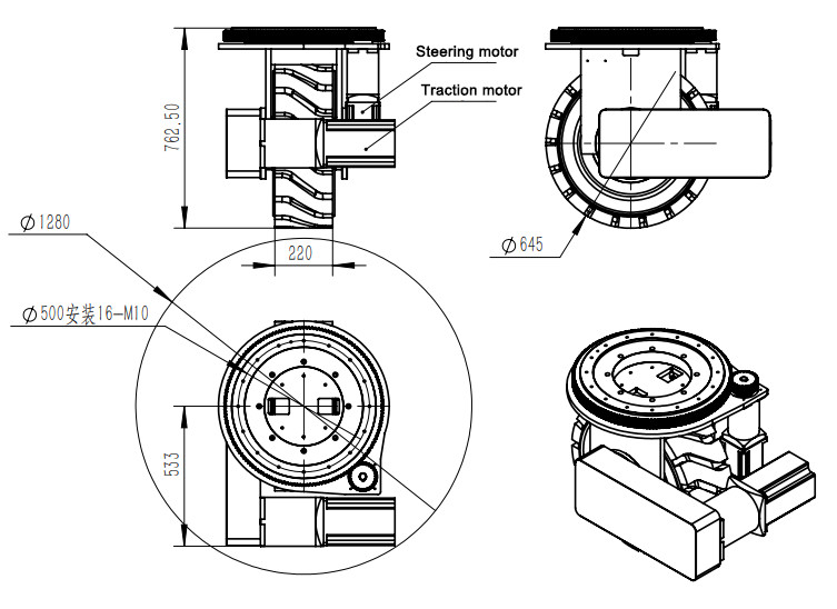 High Power 48V AGV Heavy Duty Robot Wheels Rubber Drive Wheel 645mm