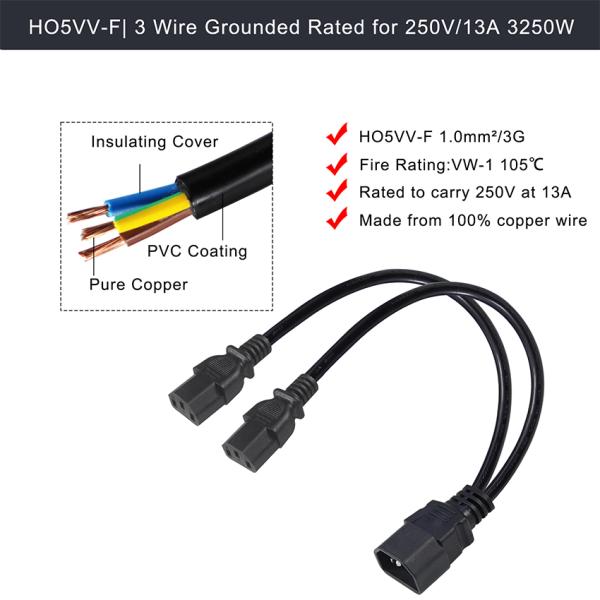 16AWG C14 to 2xC13 Power Cord 300V 10A for Server Racks