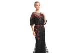 Embroidery Black Beading Half Sleeve Evening Dresses Long Maxi Floor Length