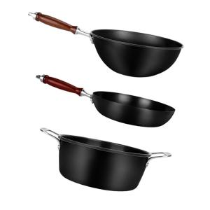 China Three Piece Carbon Steel Wok Set Nitriding Non Stick Cookware Set factory