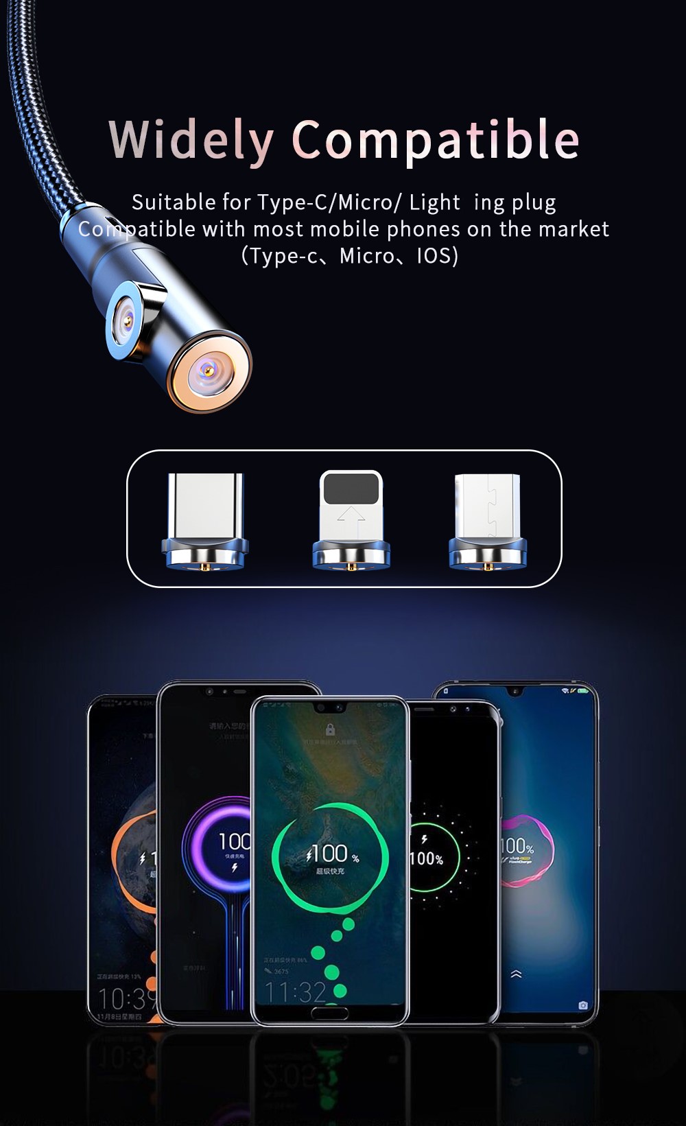Type C Micro USB IOS LED 3 In 1 Magnetic Charger Cable With Two Head Charging