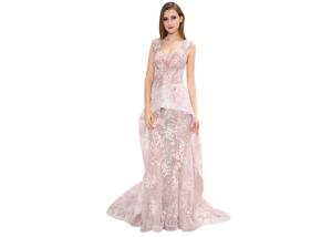 China Pink Appliqued Lace Sleeveless Arabic Wedding Guest Dresses Long Prom Gown factory