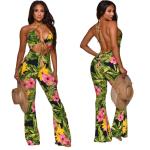 Printed One Piece Deep V Jumpsuits Bandage Flare Backless Jumpsuit