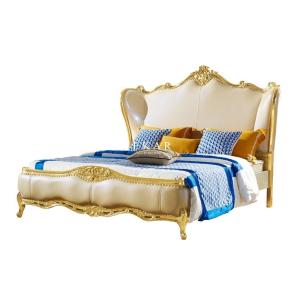 China Luxury European Design Wooden Upholstered Leather Carved Antique King Size Bed factory
