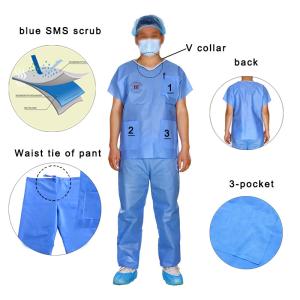 China Multi Layer Nurse Hospital Surgical Scrubs SMS Blue Disposable Gown With 3 Pocket factory