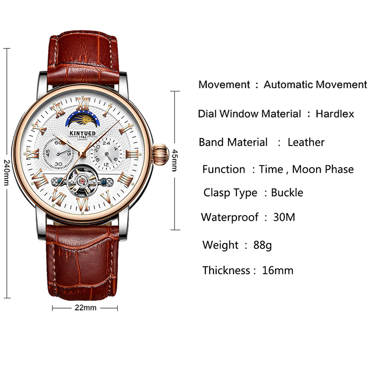 KINYUED Tourbillon automatic mechanical movement genuine leather waterproof wrist watch
