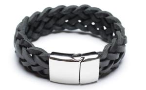 China Womens Black Woven Leather Cord Bracelet with Stainless Steel Clasp factory