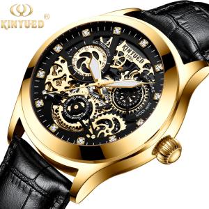 China KINYUED oem waterproof custom logo leather fashion tourbillon skeleton wrist watch luxury automatic watches mens watch factory