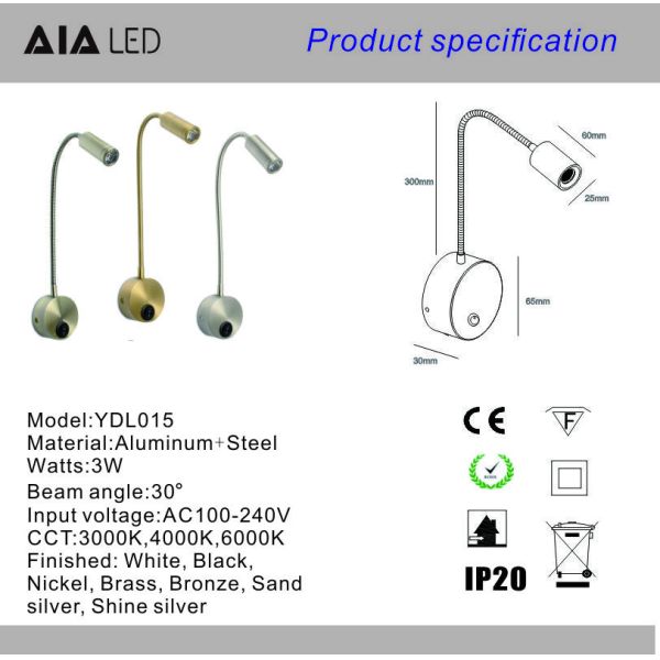 3W manufacturer Snake lamp Bedside Reading wall lamp Hotel Headboard lighting bed Wall Lamp Gooseneck Light