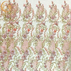 China Pink 3D Applique French Lace Fabric For Wedding Party factory