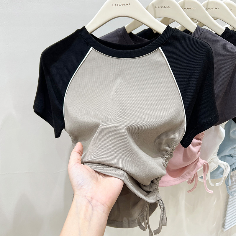 Custom Y2K Ribbed Cotton Contrast Color Crop Top Ruched Drawstring Short Sleeve Women