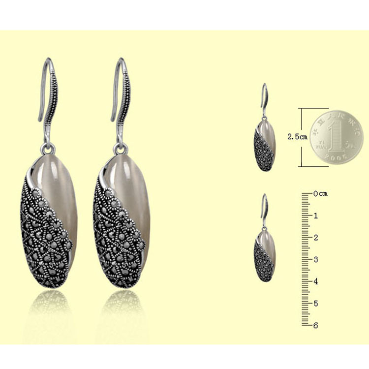 Thai Sterling Silver White Opal Marcasite Dangle Drop Earring(E12287WHITE )