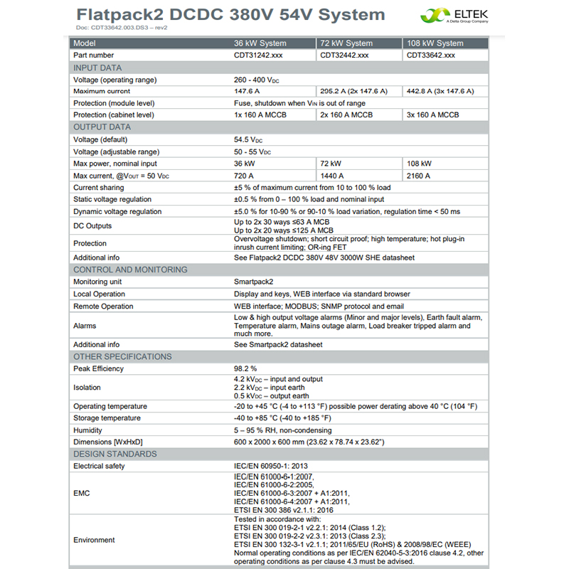 Flatpack2 DC/DC 380V/54V Telecom Hybrid System Eltek 36KW 72KW 108KW