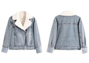 China Sherpa Lining Ladies Trucker Jacket Light Wash Cotton Drop Sleeves Lapel Denim factory