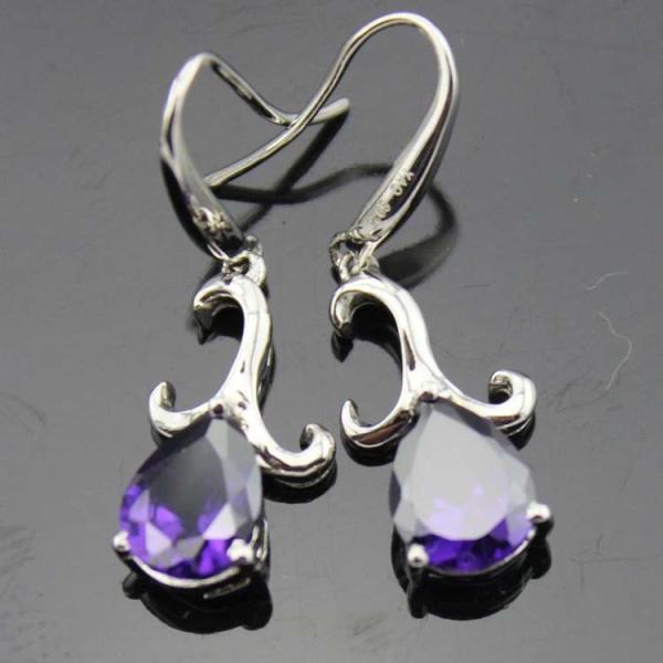 Sterling Silver 7mmx9mm Pear Shape Amethyst Cubic Zircon Dangle Earrings