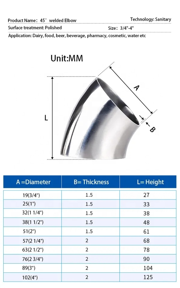 Sanitary Welding Connection Forged SS304 316L 45 Degree Elbow for Oil Water Gas Milk