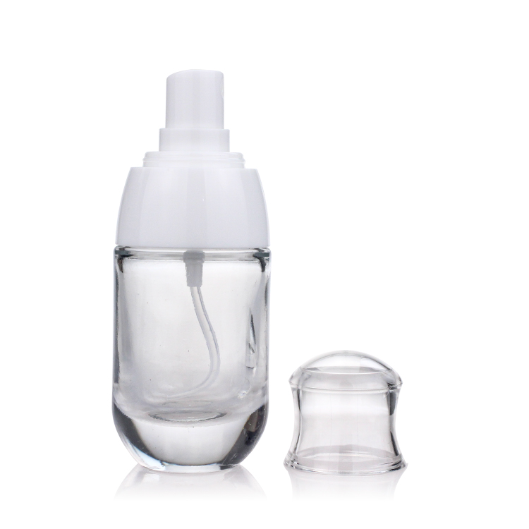 China Empty Clear 30ml Glass Liquid Foundation Bottle With White Pump F139 Popular Shape Makeup